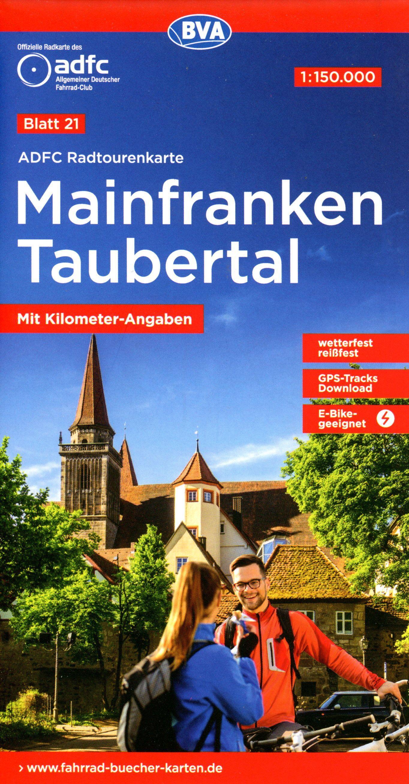 ADFC-Radtourenkarte 21 Mainfranken Taubertal 1:150.000, reiß- und wetterfest, E-Bike geeignet, GPS-Tracks Download, mit Bett+Bike Symbolen, mit Kilometer-Angaben