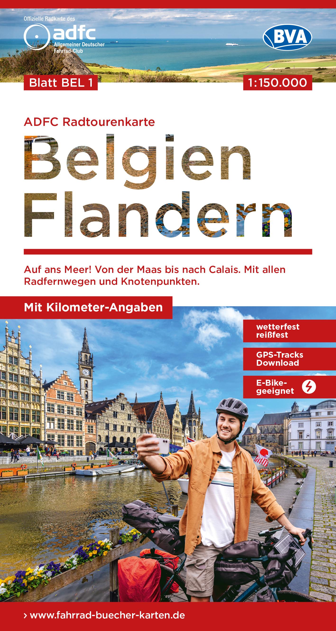 ADFC-Radtourenkarte BEL 1 Belgien Flandern 1:150.000, reiß- und wetterfest, E-Bike geeignet, GPS-Tracks Download, mit Kilometer-Angaben