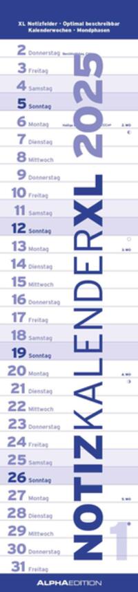 Alpha Edition - Notizkalender XL BLAU 2025 Streifenkalender, 15x64cm, Wandkalender mit Platz für Notizen und Zusatzinformationen, Mondphasen und deutschem Kalendarium