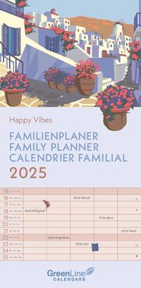 GreenLine – Happy Vibes 2025 Familienplaner, 22x45cm, Familienkalender mit effizienter Monatsaufteilung in 5 Spalten, für Familienorganisation, Schulferien und Stundenpläne, mit Spiralbindung