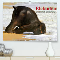 Elefanten. Badespaß am Strand (Premium, hochwertiger DIN A2 Wandkalender 2023, Kunstdruck in Hochglanz)