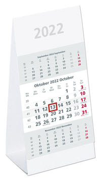 Tischaufstellkalender 3 Monate 2022 - 10,5x21 cm - 3 Monate auf 1 Seite - mit Kopftafel und Datumsschieber - Mehrmonatskalender - 980-0000