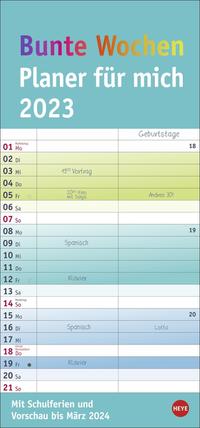 Bunte Wochen Planer für mich 2023. Praktischer Wandplaner mit 2 Spalten. Wandkalender mit Schulferien und 3-Monats-Ausblick. Terminkalender 2023 zum Eintragen